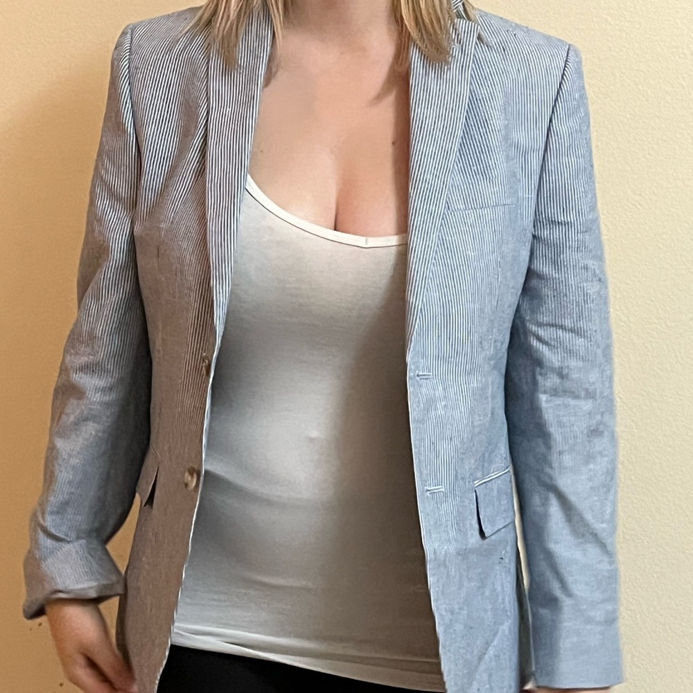 blue and white top